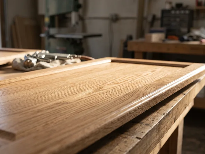 A close daylight detail of a sprayed cabinet door edge, the finish smooth and the grain visible, no people