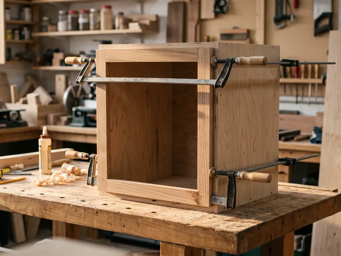 A cabinet box clamped square on a workbench with the face frame being fitted, no people