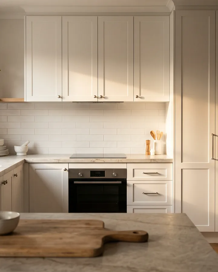 A kitchen with painted white shaker cabinets and a full height pantry