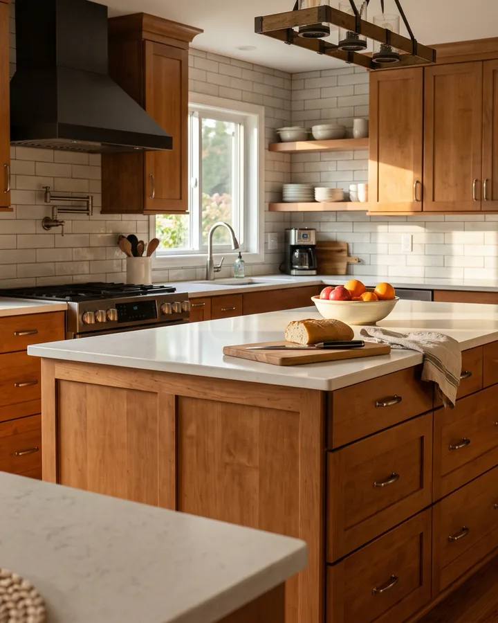 A kitchen with stained maple cabinets and an island