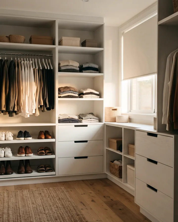 A walk in closet with built in shelves, drawers and hanging rods