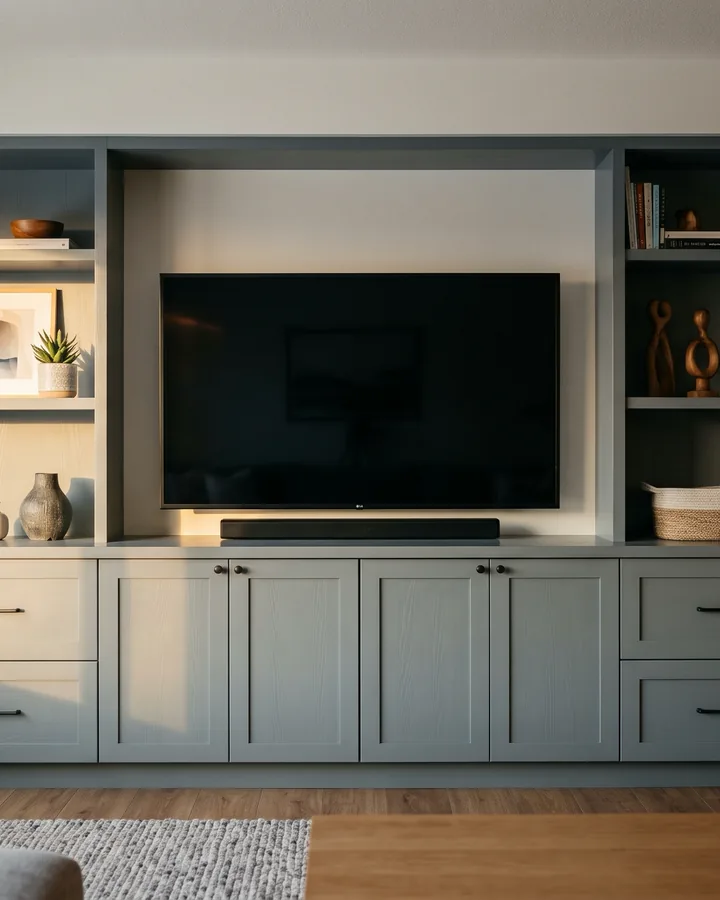 A living room media wall with built in cabinets and open shelves