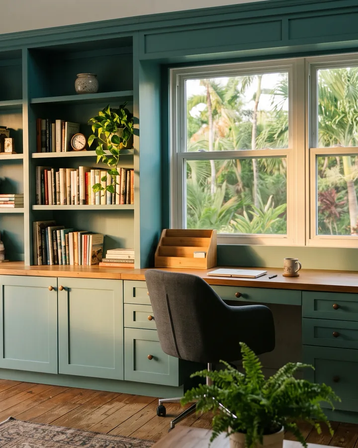 A home office with a built in desk and bookcases